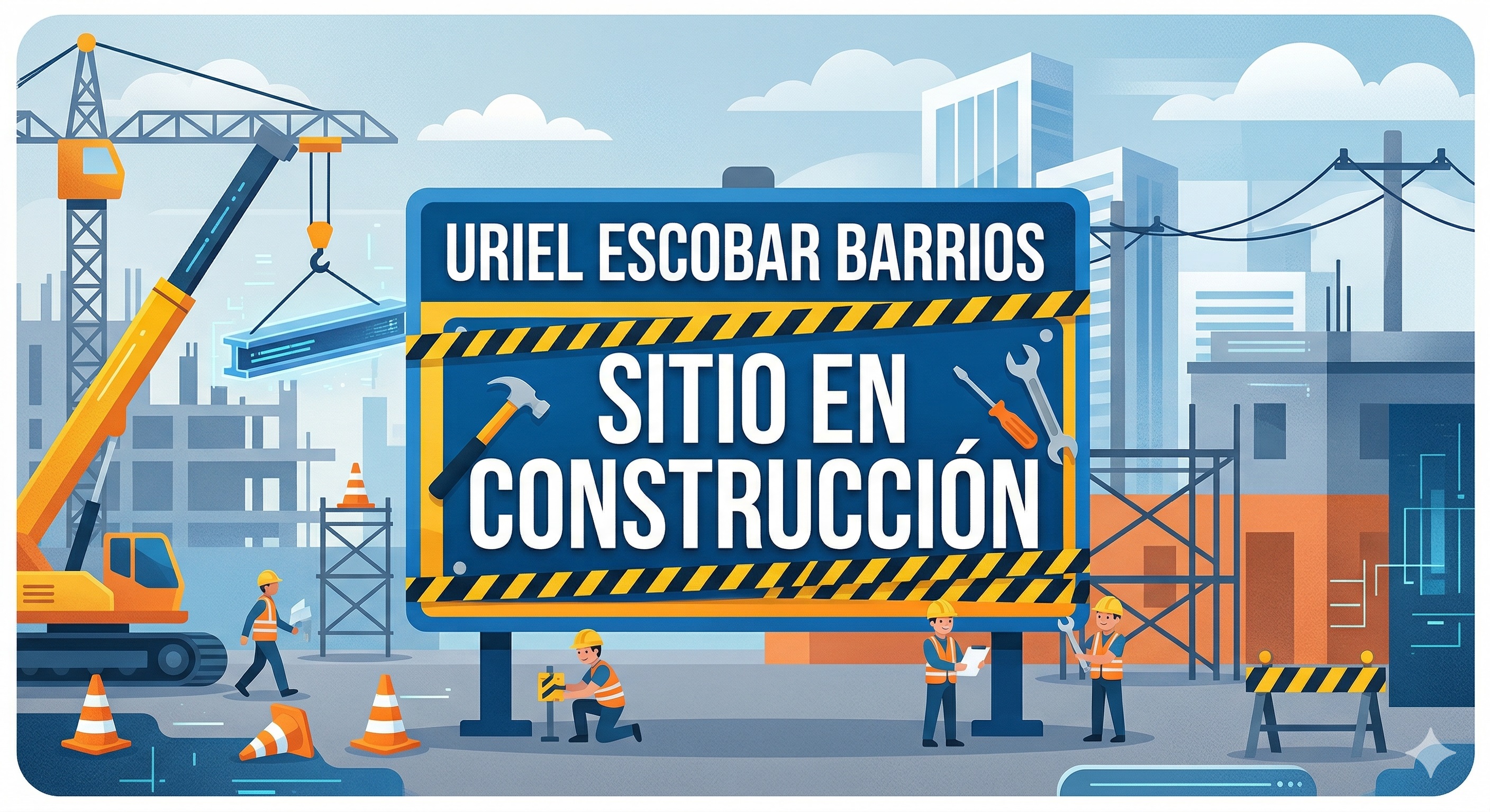 Sitio en Construcción de Uriel Escobar Barrios. Una valla de obra moderna con herramientas de construcción y el nombre en letras grandes.